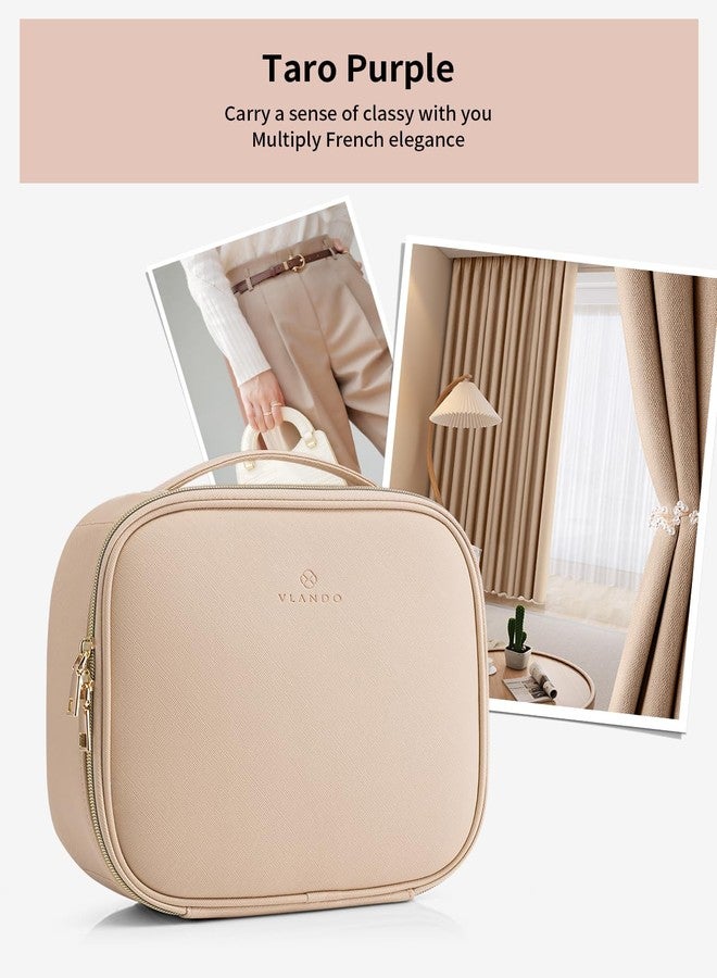 Vlando Travel Makeup Bag, Large Capacity Cosmetic Bag for Women PU Leather Makeup Case Organizer Portable Make up Bag with Dividers and Handle for Girls,Wedding,Makeup Brushes Milk Tea - Image 3